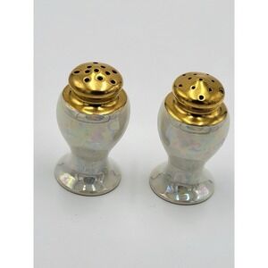 Vtg Moser Lusterware Salt & Pepper Shakers Gilded Tops Iridescent Granny Core